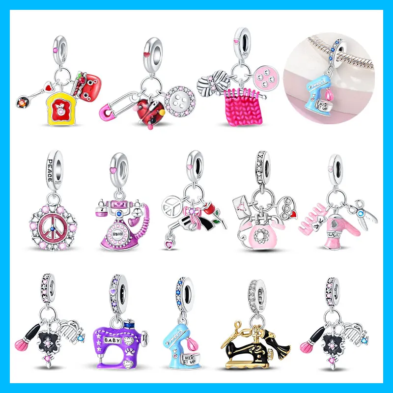 Telephone Safety Pin Toast Scissors Original Charm Silver Plated Bead Fit Bracelets Bag Keychain Charms DIY Women Gift Accessory