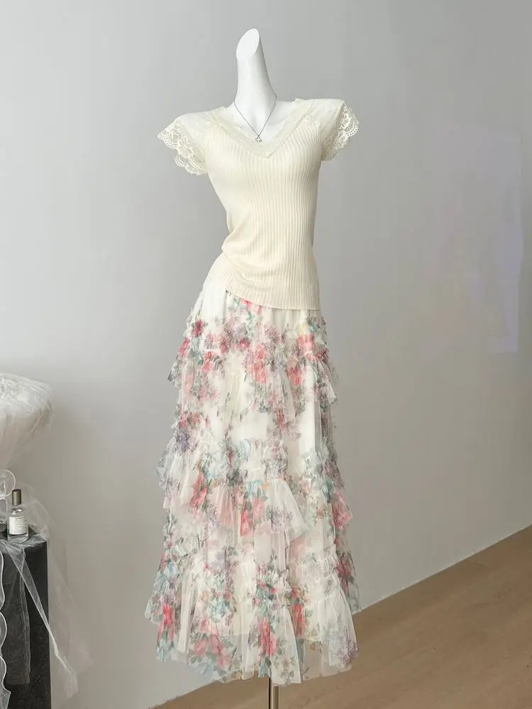 

2025 New Korean Fashion 2 Piece Sets For Women Outfit Sweet Chic V-Neck Knit Top + Long Skirt Two Piece Set Conjuntos Femininos