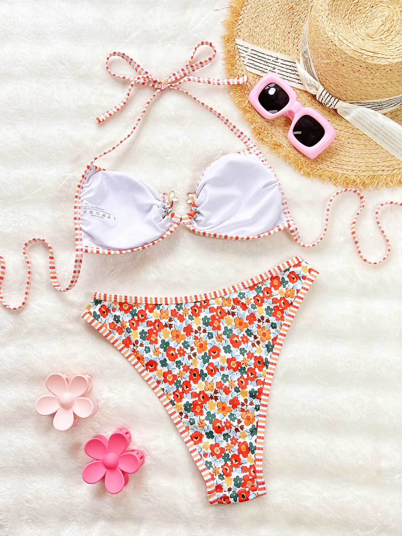 2025 Costume da bagno sexy a due pezzi da donna con stampa floreale Halter Costume da bagno senza schienale vuoto Costume da bagno estivo attillato push up da spiaggia