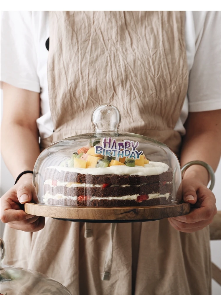 Cake Turntable Wooden Pallets Glass Cover Snack Bread Tray Dessert Display Stand Silk Kitchen Decoration