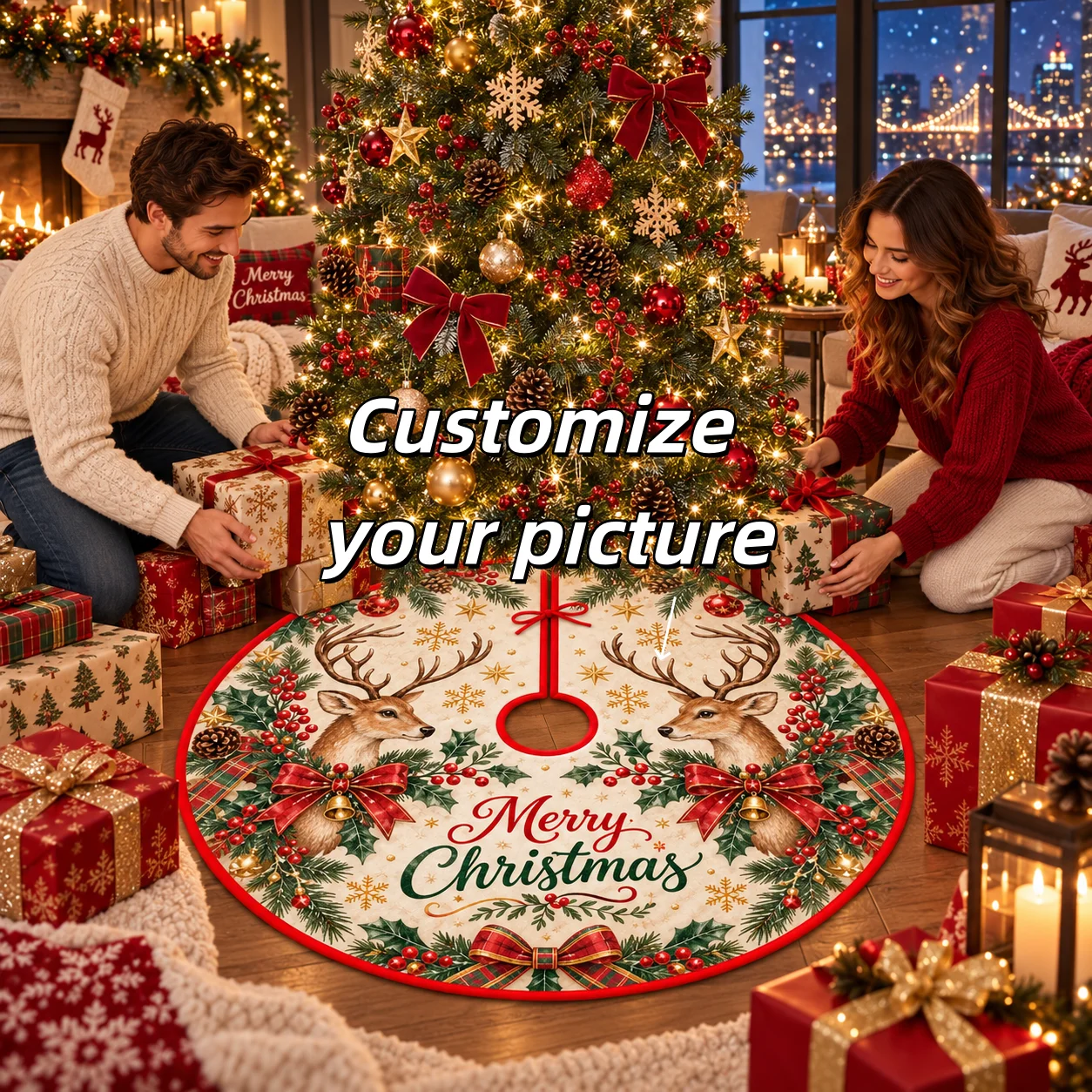 Custom Christmas Tree Skirt Super Soft Plush Personalized Reindeer Design for Family Holiday Party Home Xmas Decor