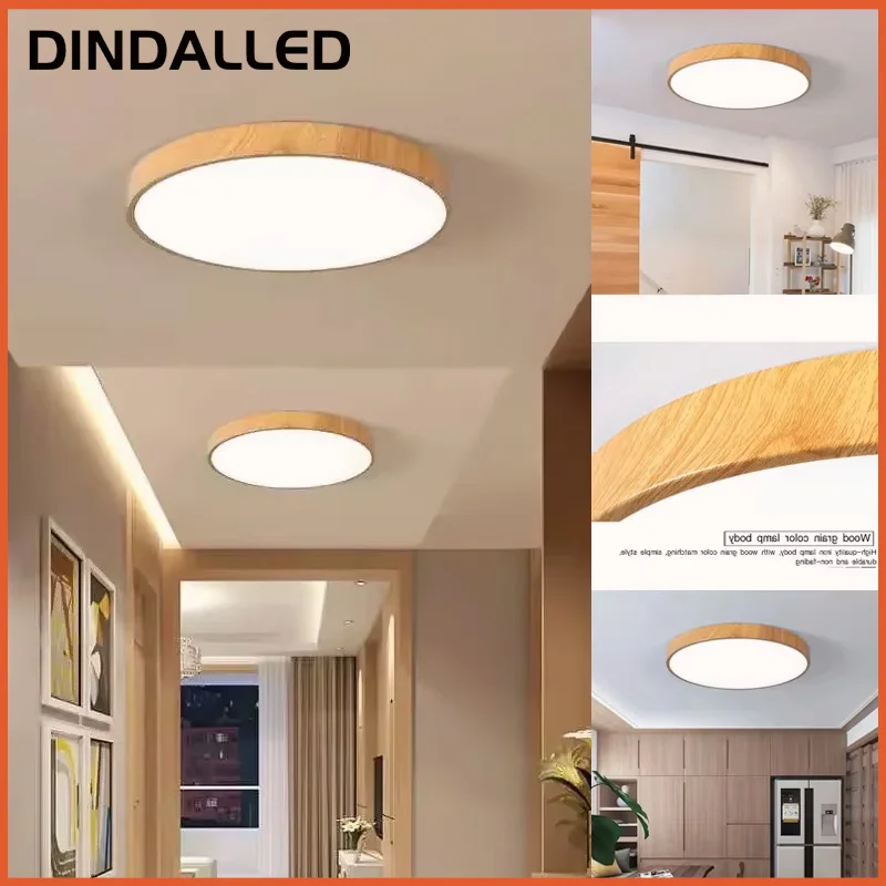 Modern Nordic LED Ceiling Light Round Fixture with Wood Accent for Bedroom Living Room Study Hallway Indoor Decor