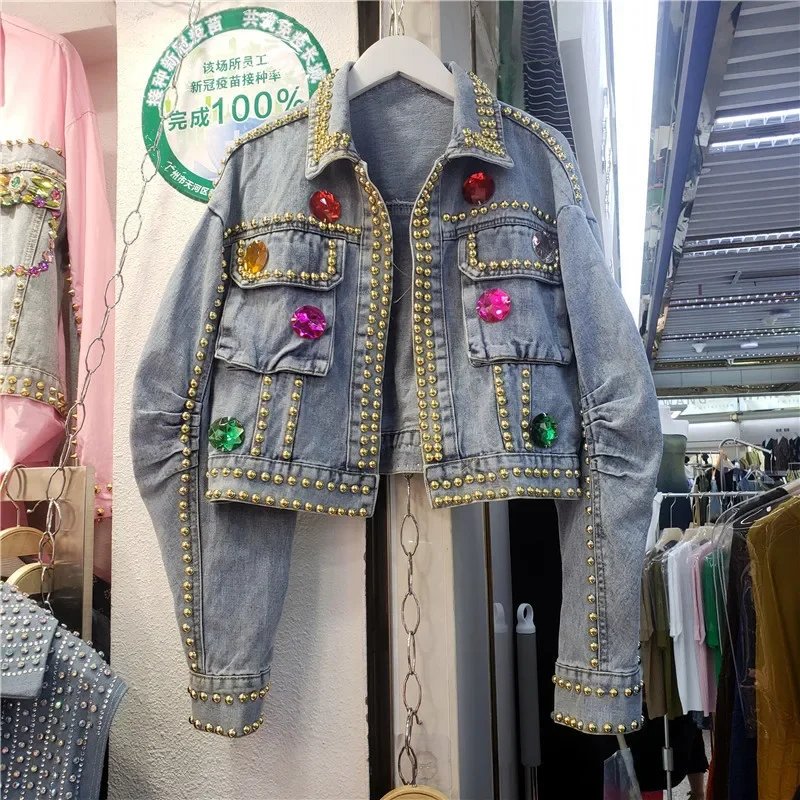 

Rivet Diamonds Big Pocket Long Sleeve Denim Jackets Women Cowboy Outerwear Chaqueta Mujer Loose Short Jeans Jacket Coat Female