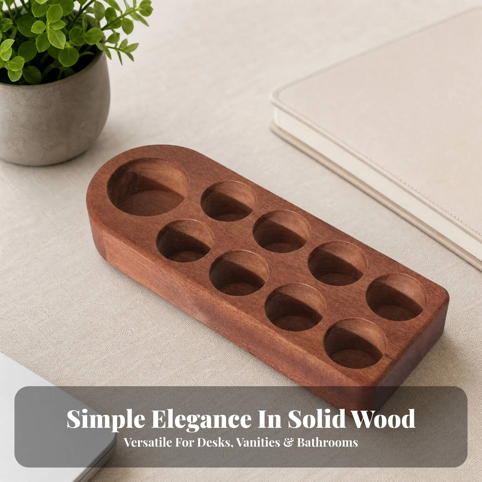 Countertop Bottle Organizer Solid Wood Vanity Storage with Visible Wood Grain and Smoothly Rounded Edges for Cosmetics