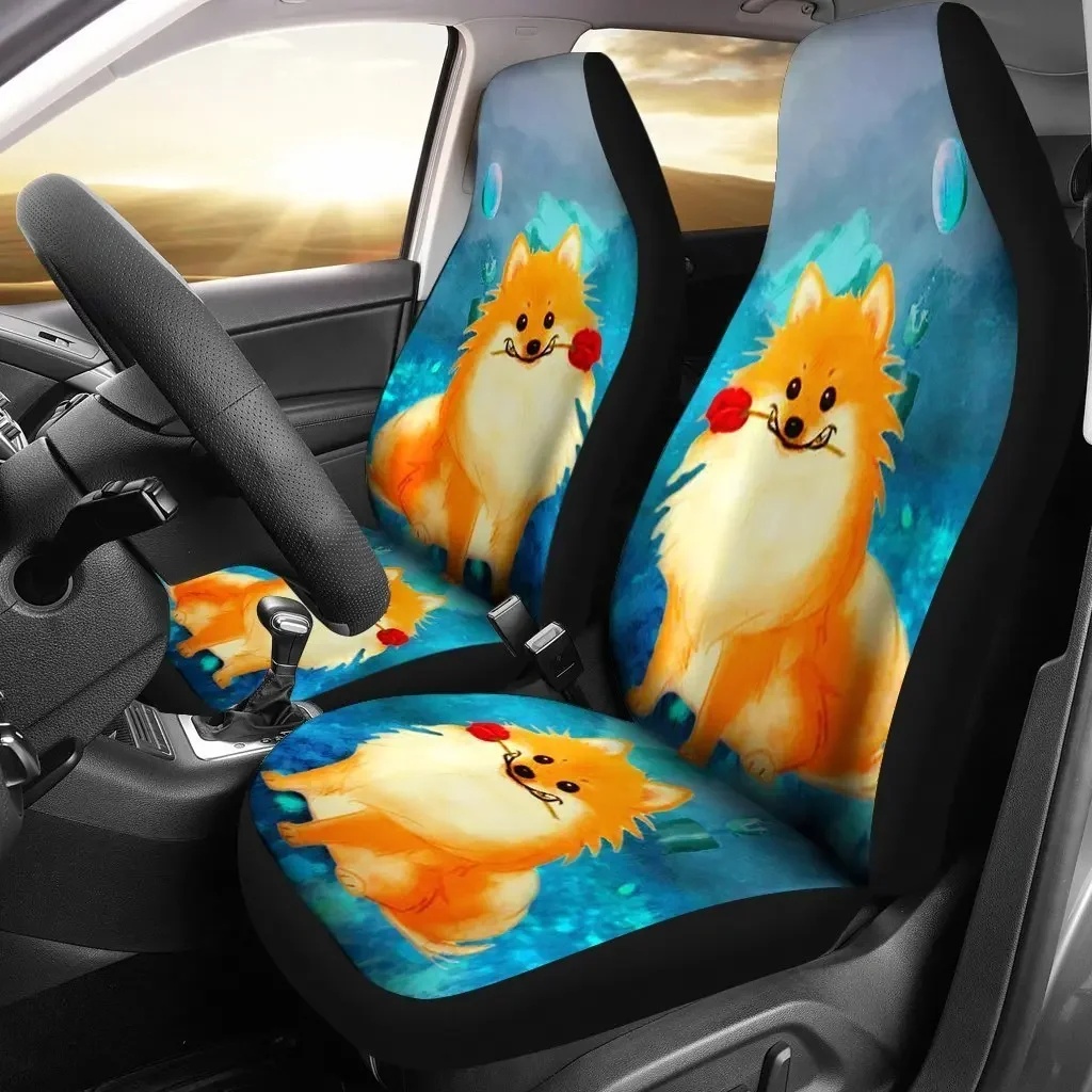 Cute Pomeranian Dog Art Print Car Seat Covers Set 2 Pc, Car Accessories Seat Cover