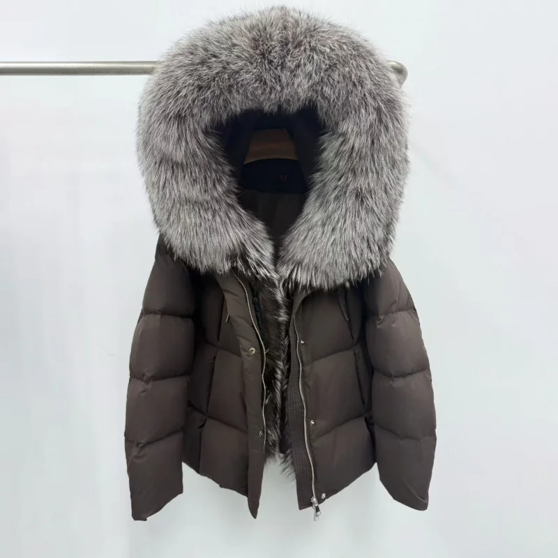 2025年冬 レディース フォックスファー襟 厚手 暖かい グースダウンコート Y2K 高品質 ファッション ハイストリート アウトドア フード付き パファージャケット