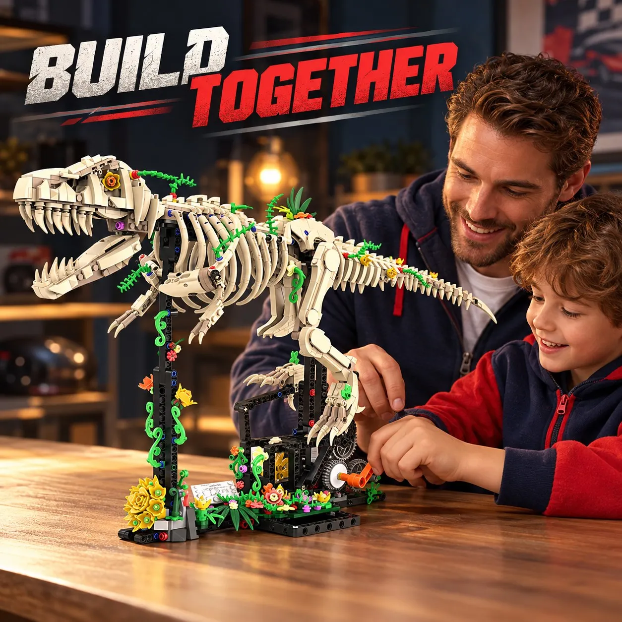 T-Rex Dinosaur Fossil Skeleton Electric Building Blocks, STEM DIY Assembly Brick Toy, Collectible Gift for Boys Adults