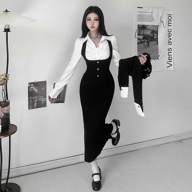 المحاصيل الأعلى الخريف قميص أبيض النساء Y2k الملابس + منتصف طول الخصر النحيف خمر الحلو فستان بحزام أسود قطعتين مجموعات #2