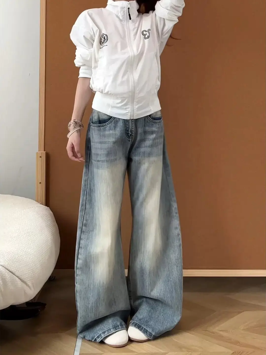 Blue Bamboo Bud Pattern Wide Leg Jeans Straight Cut Loose Trousers for Men And Women High Street Cleanfit Autumn Season
