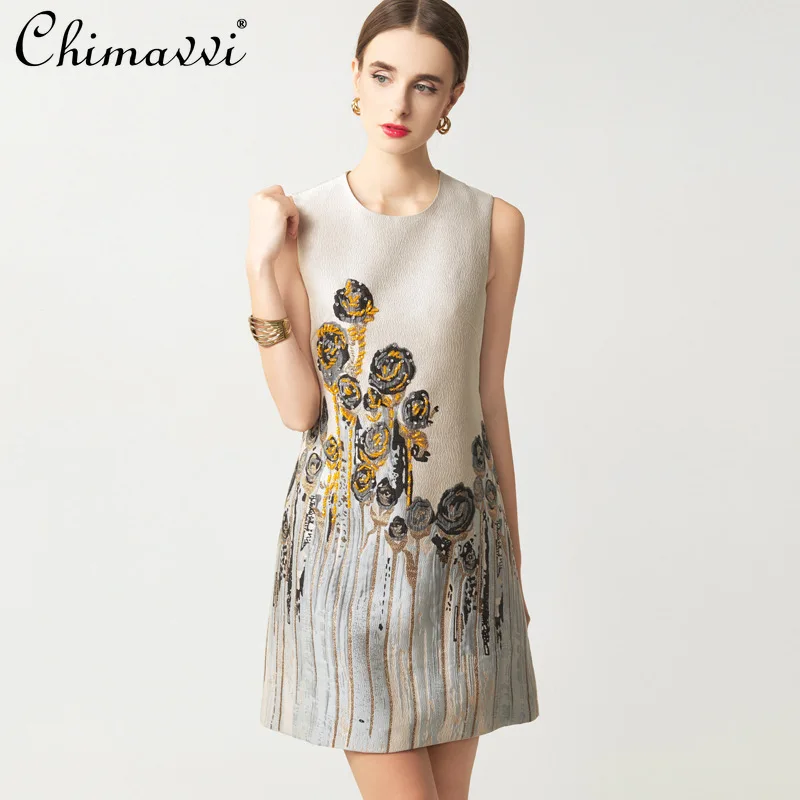 

Handmade Beaded Round Neck Sleeveless Retro Rose Print Bodycon Jacquard Dress New Spring Summer Fashion Slim Fit Elegant Dress