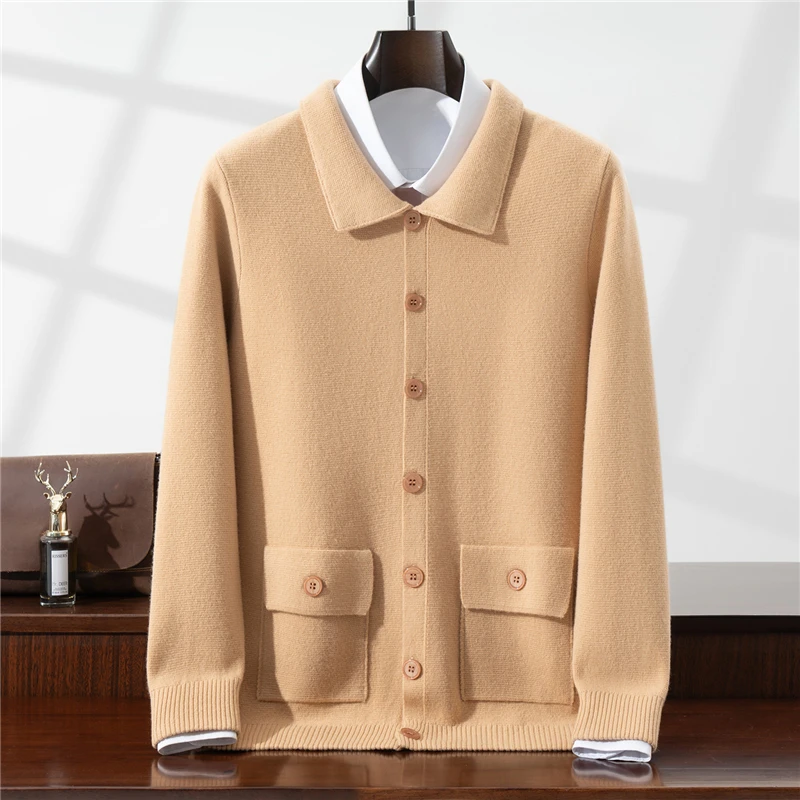 Autumn Winter New Chinese Style Button 100% Wool Cardigan Men Stand Collar Sweater Jacket National Style Fashion Knitted Shirt