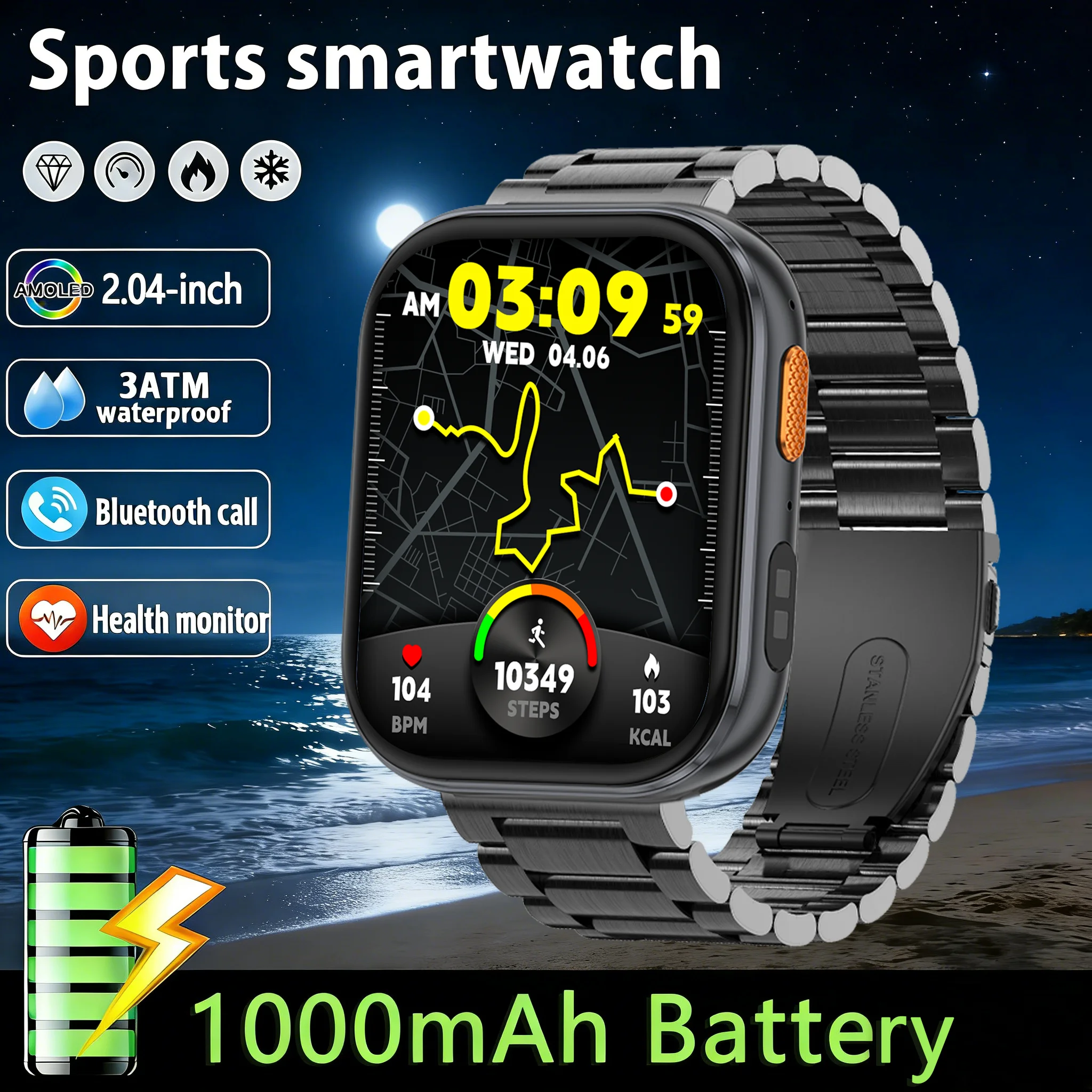 

2026 New Smart Watch Men 1000mAh Battery 2.04-inch AMOLED Heart Rate 100+Sports Mode Bluetooth Call 3ATM Waterproof Smartwatch