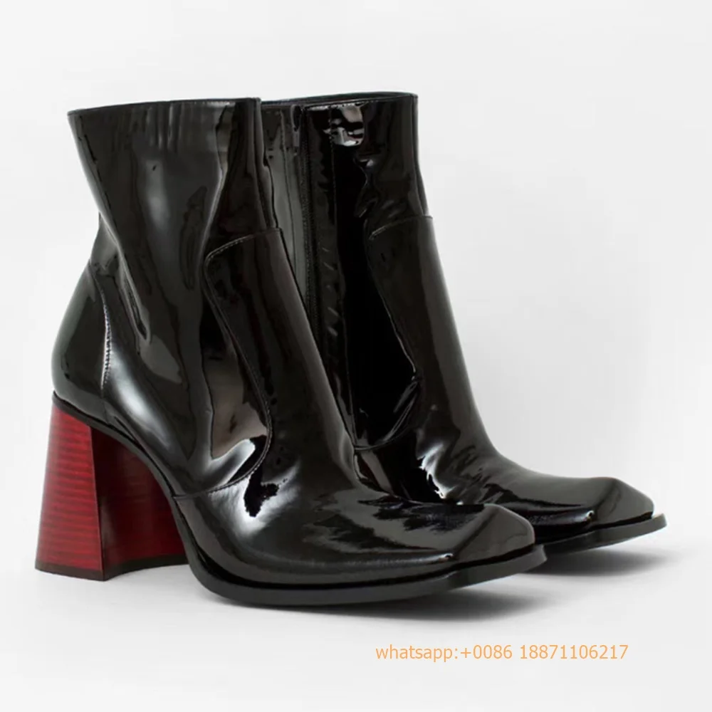 Bottes carrées en cuir verni pour femmes, talon rouge, botte courte de rue, bottes de rinçage décontractées pour dames, noir, mode de bureau sexy, automne, nouveau, 2024