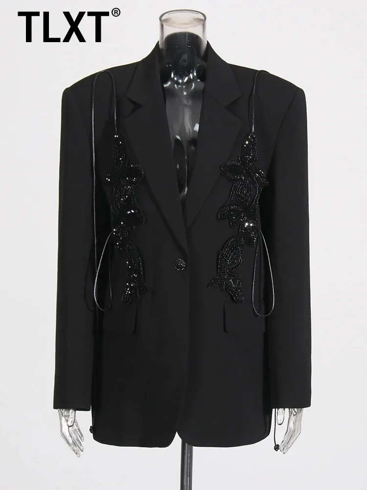 

TLXT Fashion Women's Solid Spliced Lace Up Loose Blazer Notched Collar Long Sleeve Patchwork Button Coat Female XK909