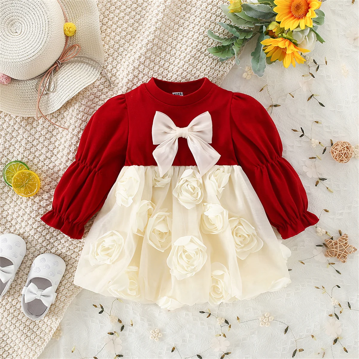 Spring And Autumn Baby Dress Girl Baby Princess Dress Fairy Petal Bow Long Sleeved Children'S Clothing