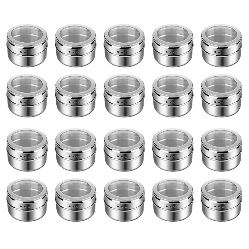 【Superdeals】20Pcs Clear Lid Magnetic Stainless Steel Spice Jar Sauce Pepper Seasoning Storage Container Kitchen Houseware
