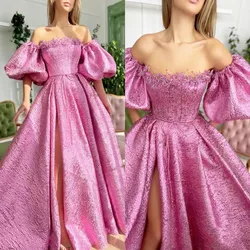 Women's One Shoulder Neckline Puff Sleeve  Evening Dresses Front Clip Seam High Split With Floor Length Girls'  Prom Dresses