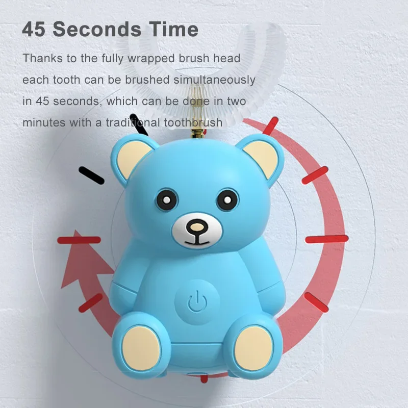 Spazzolino elettrico per bambini 360 gradi U spazzolino elettrico sonico per bambini spazzolino da denti ad ultrasuoni automatico in Silicone orso dei cartoni animati