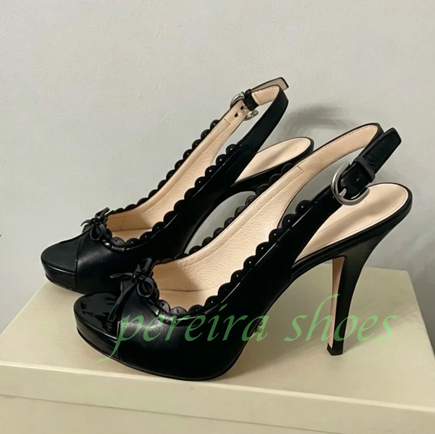 Black Patent Leather Peep Toe Platform Stiletto Heels Slingback Bowtie Buckle Strap Elegant Wedding Party Women Heeled Sandals