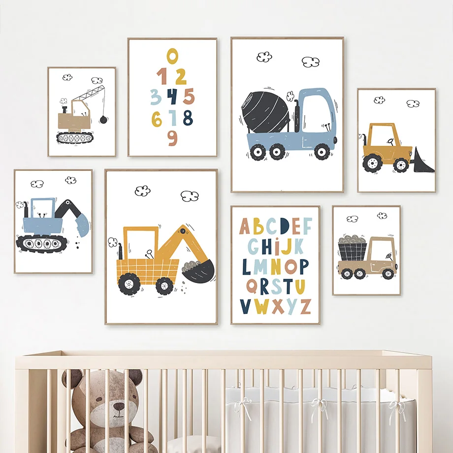 Wall ArtCanvasPainting forKids Room DecorCartoonExcavatorExcavator,BulldozerQuotes, Picture, Boy, Baby, Nordic Painting, Picture