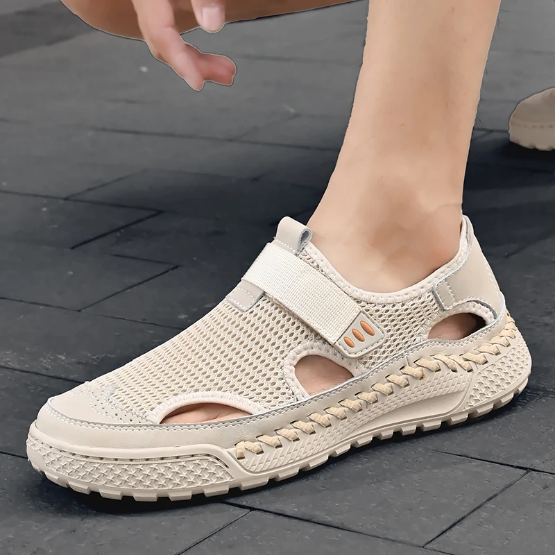 Classic Style Men's Summer New Handmade Mesh Breathable Sandals 2024 Fashionable Outdoor Men's Beige Comfortable Casual Shoes