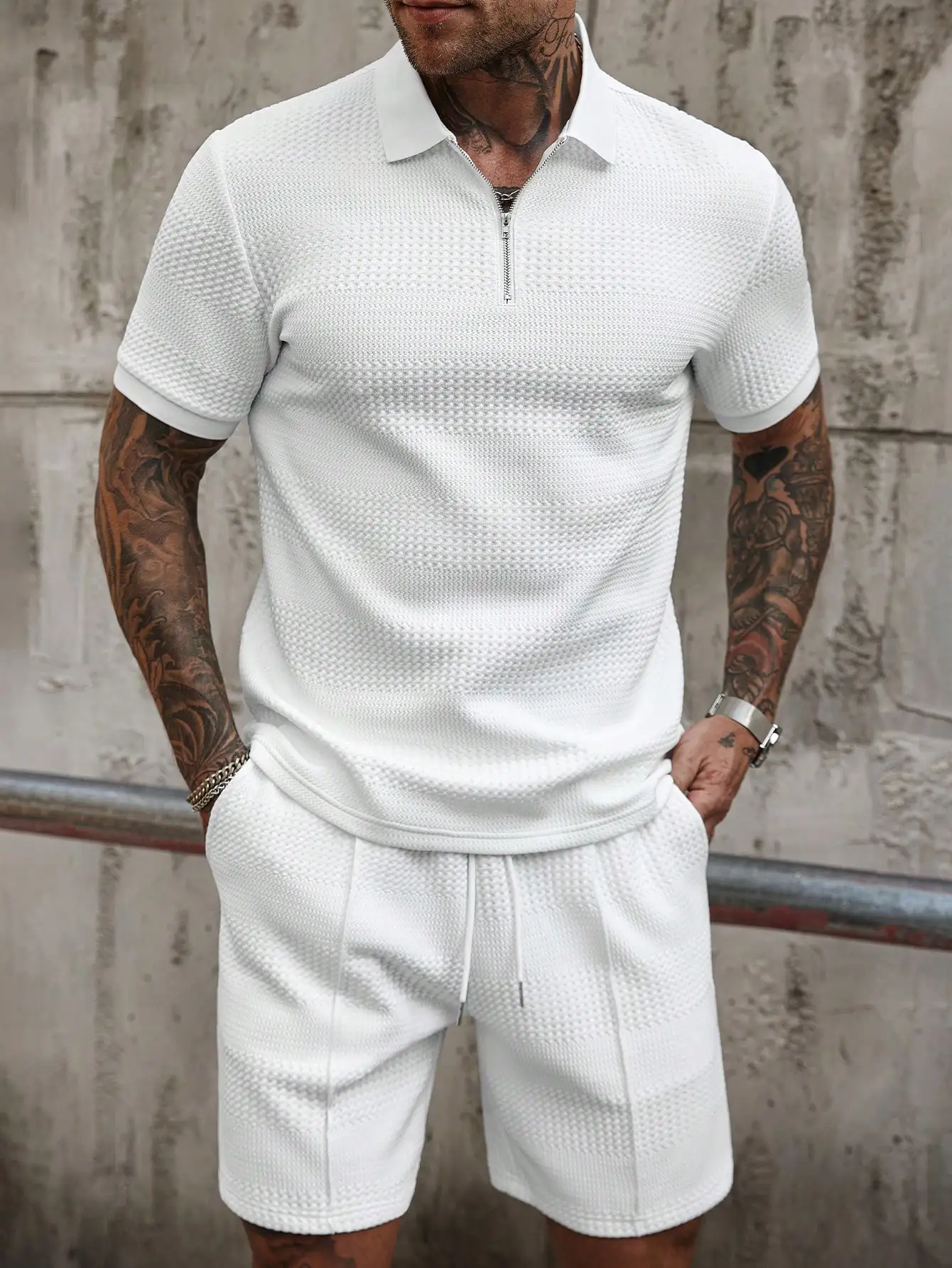 

Men's White Textured Zip-Neck Polo Shirt and Shorts Set Casual Summer Outfit