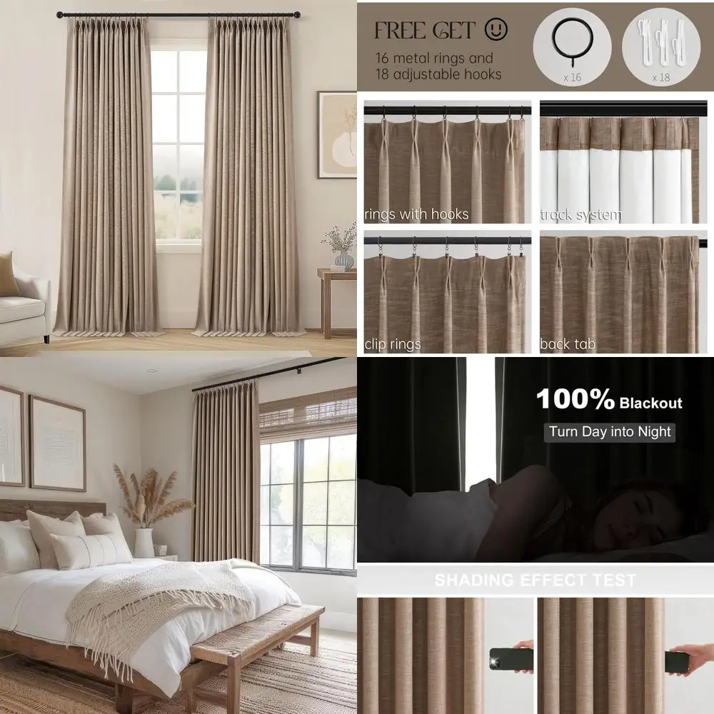 

8-футовые темно-коричневые плиссированные льняные шторы, 100% затемняющие термоизолированные с крючками, 2-панельные шторы в стиле кантри