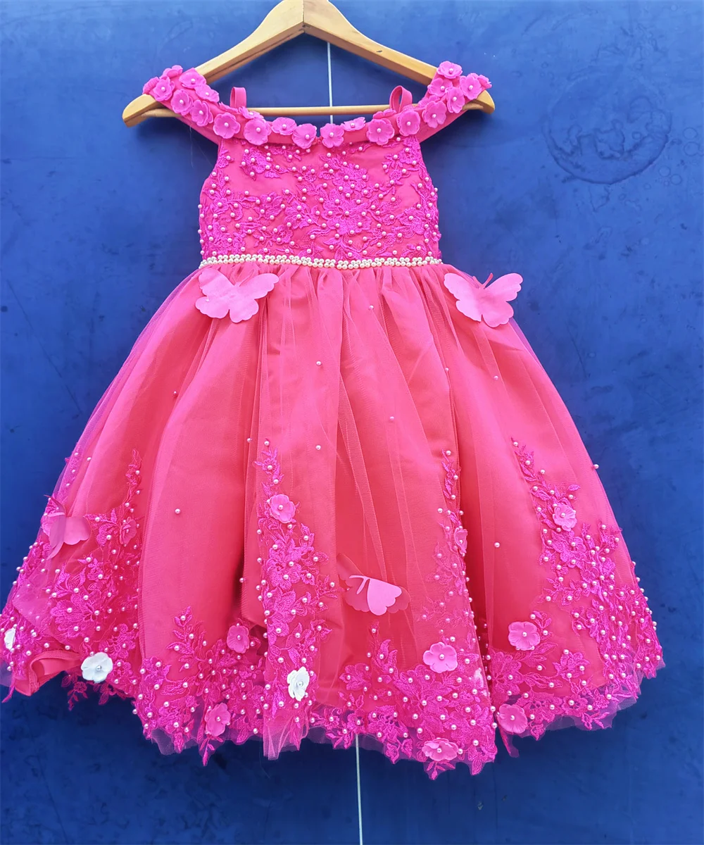 

Pearl Lace Decal off The Shoulder Flower Girl Dress With Butterfly For The First Communion Birthday Party Custom Princess