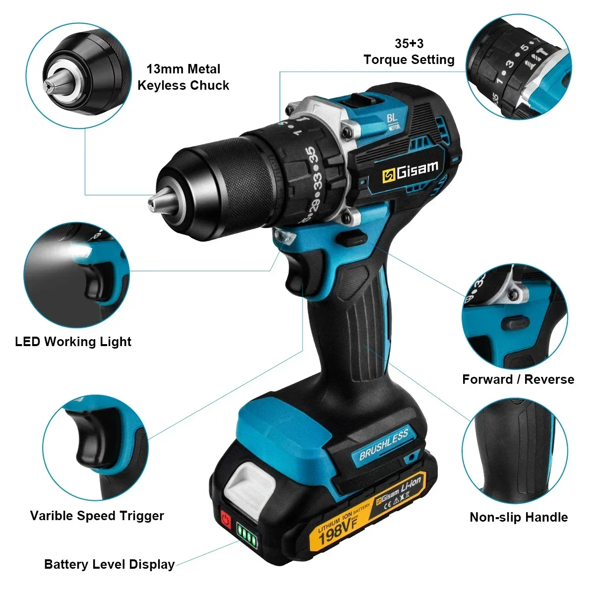 Gisam 13MM 65NM Brushless Electric Impact Drill 35+3 Torque Electric Screwdriver Hammer Drill Power Tools For Makita 18V Battery