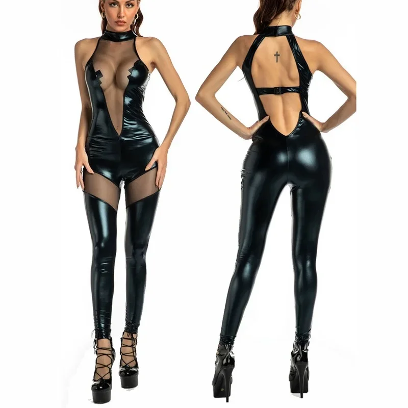 Sexy Women Mesh Patchwork Faux Leather Catsuit PVC Latex Lingerie Bodysuits Clubwear Zipper Women Jumpsuits Rompers Playsuit