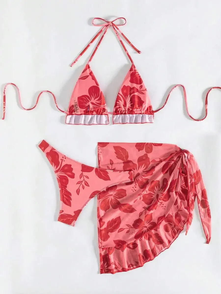 

Womens Floral Print Halter Tie Bikini 3-Piece Set With Cover Up Skirt