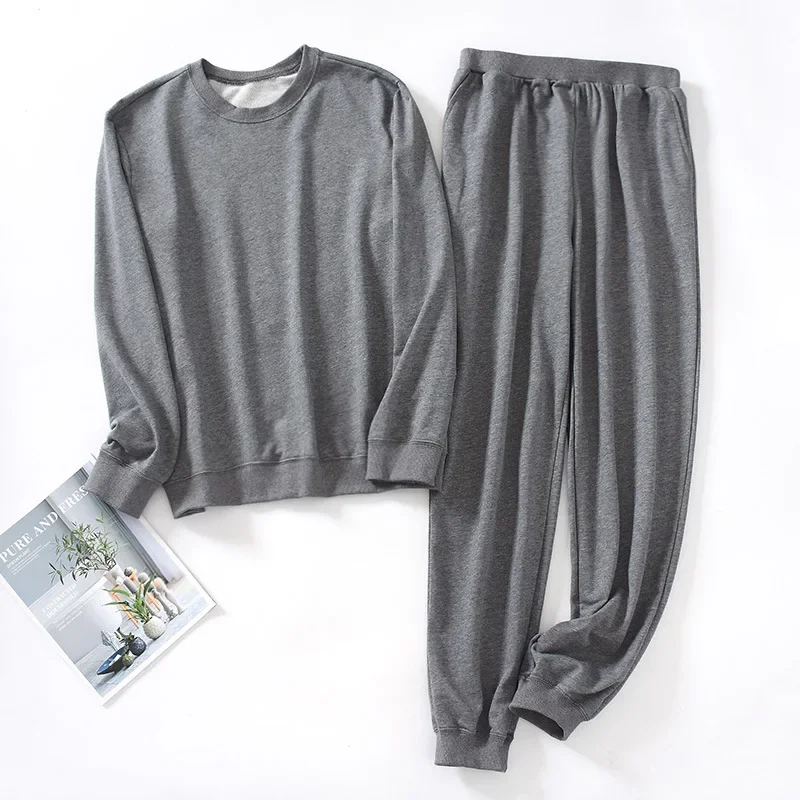 Spring Terry Cotton Sweatshirt Sweatpants Simple Casual Couples Round Neck Pajamas Long Sleeves Trousers Loungewear 2 Pieces Set