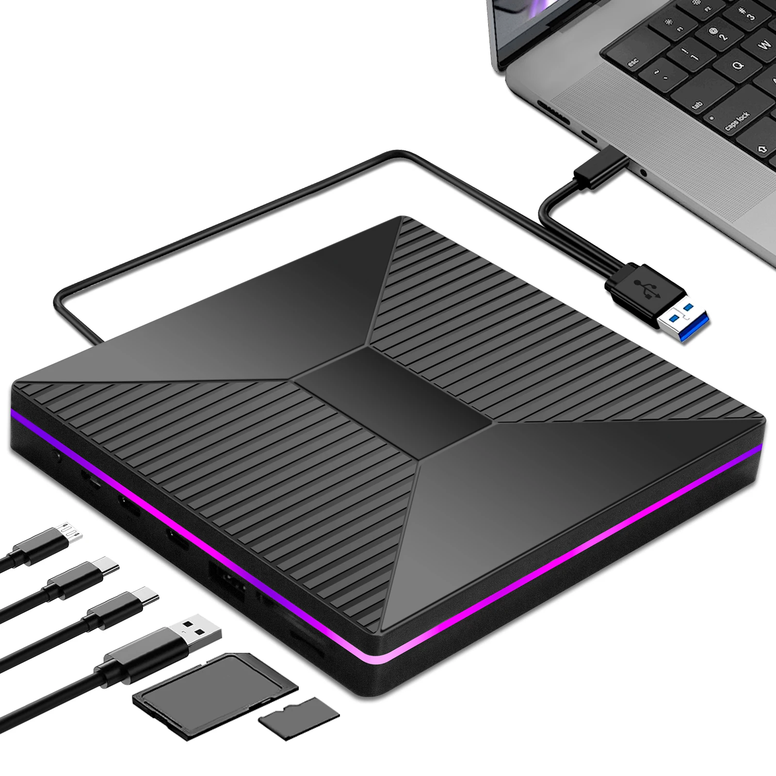 New 7 in 1 External Optical Drive with Light Bar, with HUB and USB Flash Drive Player SD/TF Card Reader DVD CD burner for Laptop