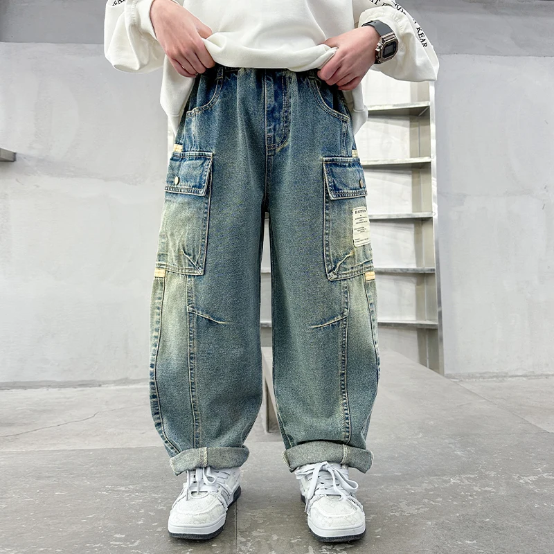 New Design Children Relaxed Fit Straight Leg Cargo Jeans for Teenage Boys Loose Denim Pants with Pocket Kids Casual Trousers