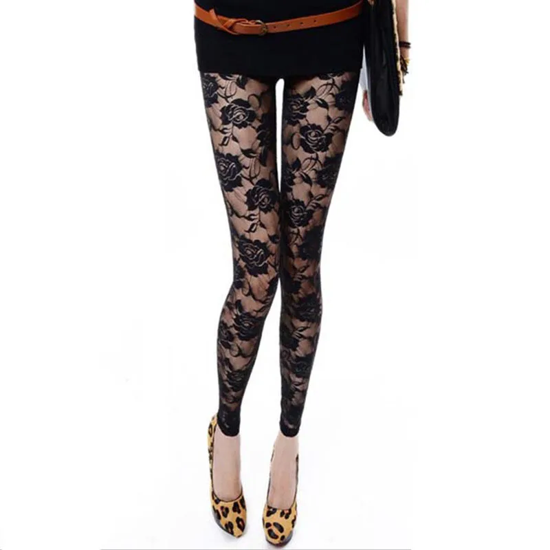 Summer Women Rose Floral Embroidery Full Ankle Length Leggins Hollow Out Lace High Waist Skinny Long Leggings Plus Size One Size