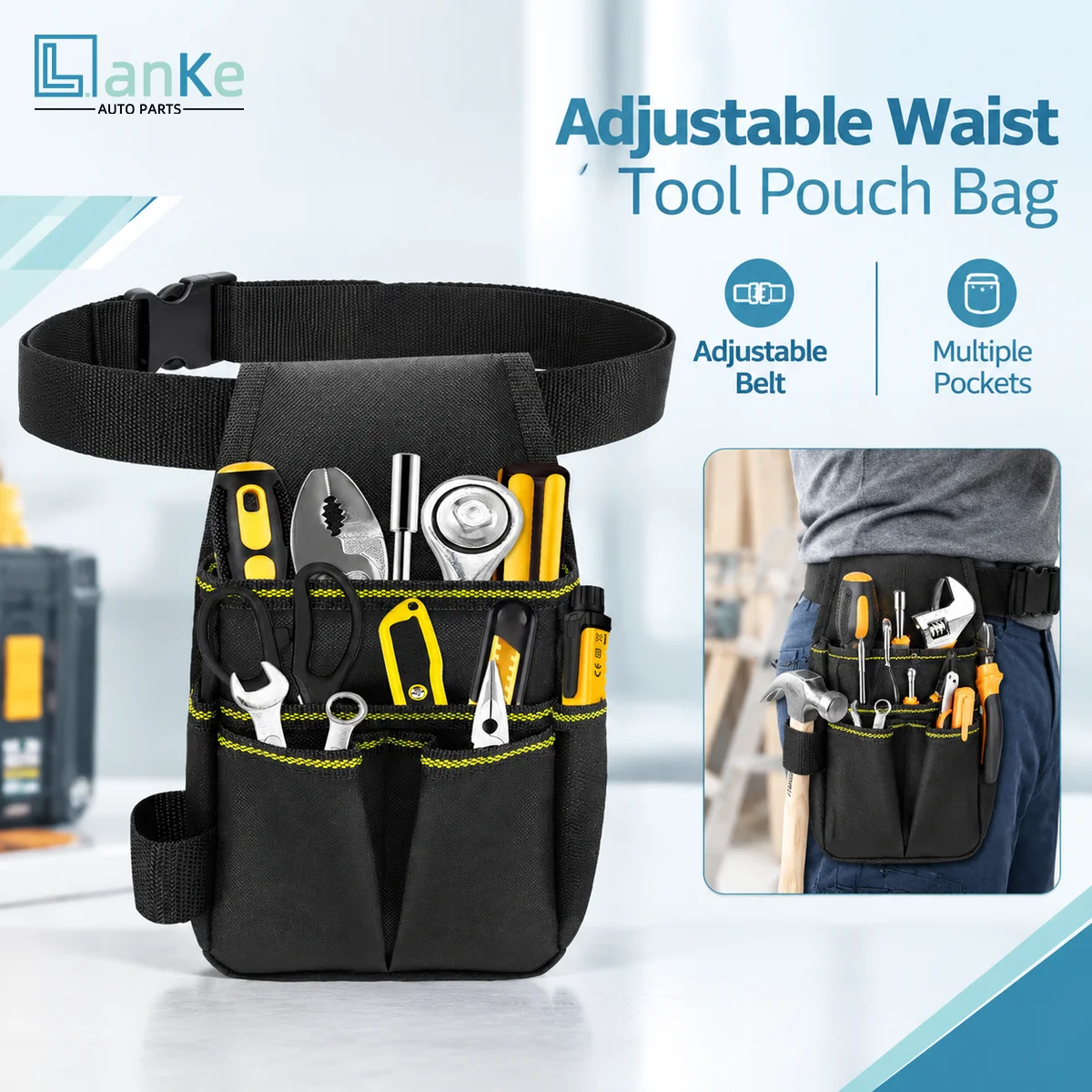 Lanke 1PC Adjustable Waist Tool Pouch Bag Multi Pocket Electrician Work Tool Belt Bag Portable Tool Storage for Maintenance