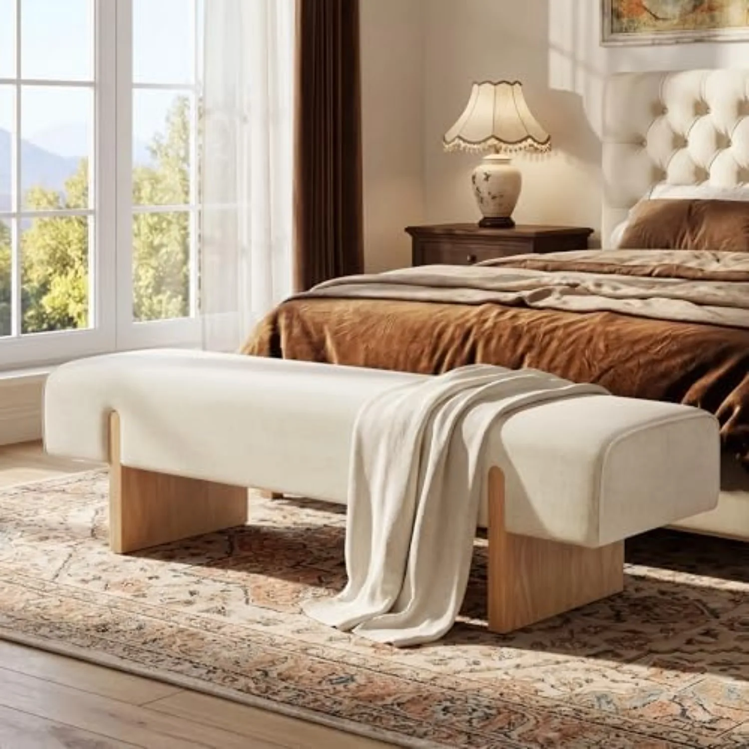 55’’ Upholstered End of Bed Bench, Linen Entryway Bench with Solid Wood Legs, Farmhouse Wooden Dining Room Bench for