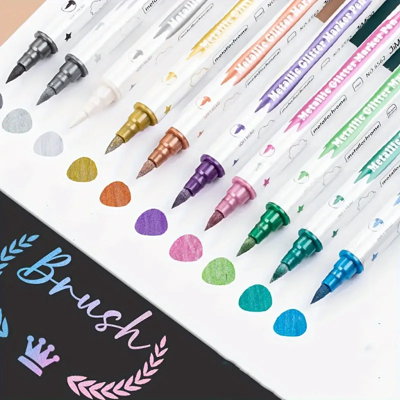 

Metallic Glitter Marker Pens Set of 10, Dual Tip with Brush & Fine Nibs, Multi-Surface Craft Markers for DIY Scrapbooking