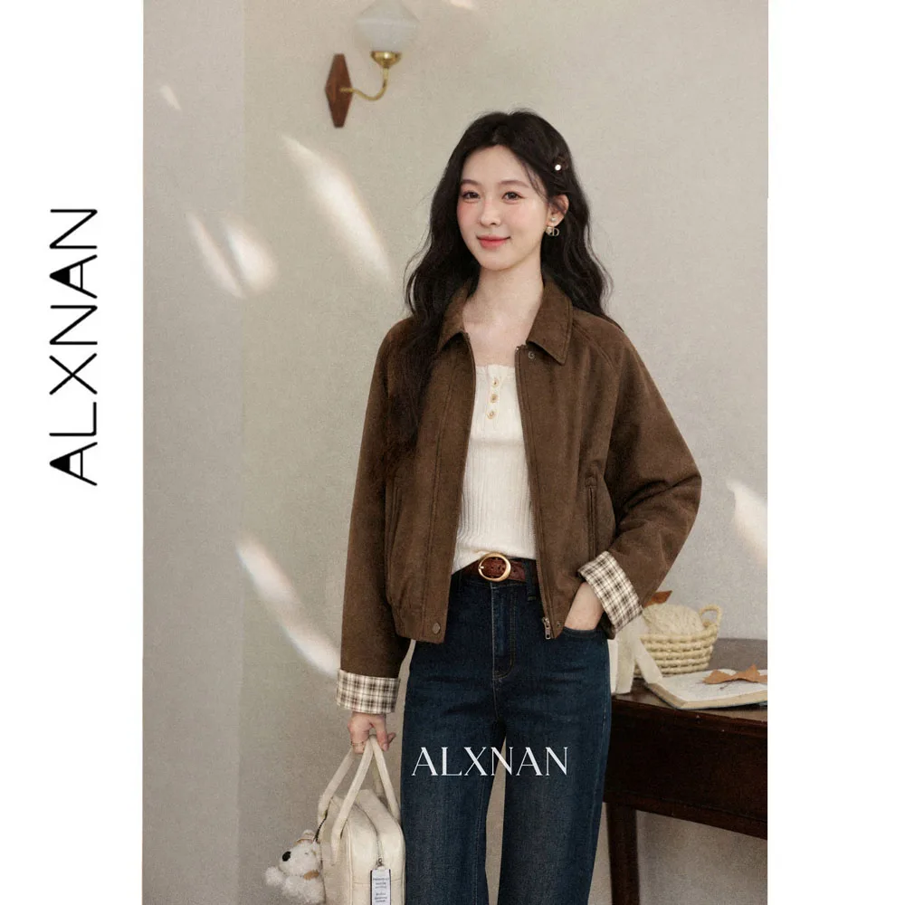 ALXNAN Short Jacket Autumn Vintage Mocha Coffee Cargo Collared Coat 2026 Elegant Fashion Loose-fit Casual Female Tops L68283A