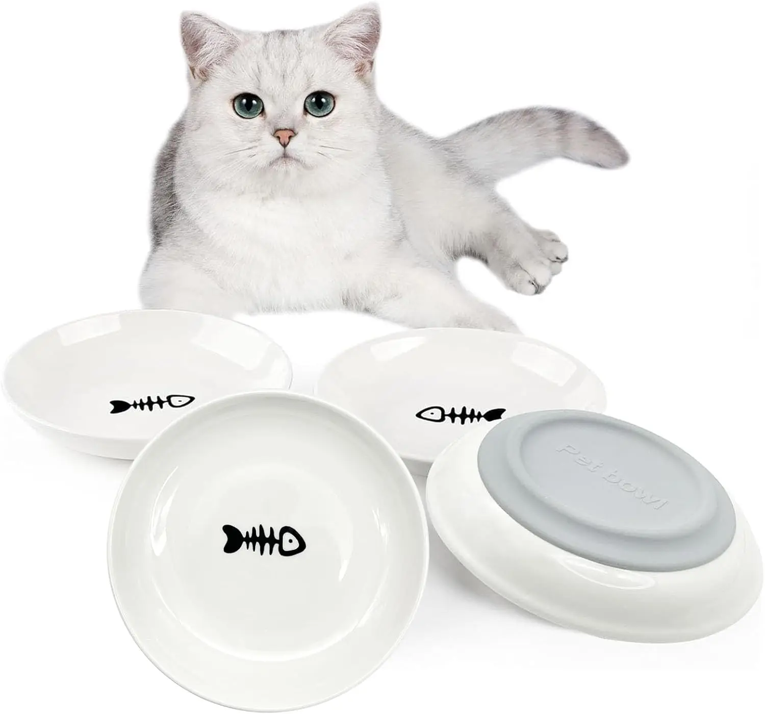 

4 Pcs Cat Food Bowls with Non-Slip Silicone Bottom Shallow Ceramic Cat Bowl Whisker Fatigue Pet Dry/Wet Food Dishes Set f
