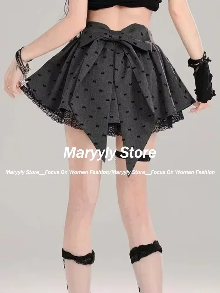 Design Bow Gray Pleated Skirt Women Lace Patchwork Mini Skirt 2024 Summer Fashion Lolita Style Striped Dot Print Cutecore Skirt