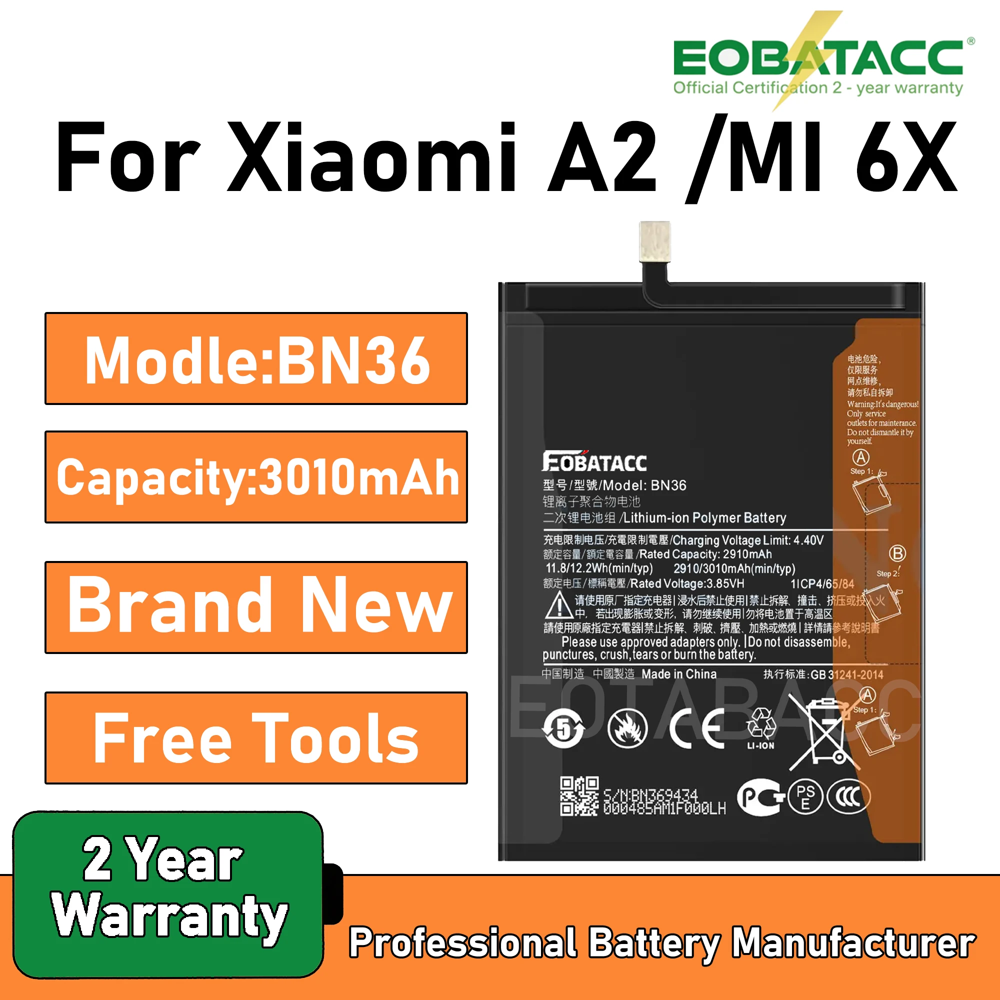 

2025 лет EOBATACC 100% новый аккумулятор BN36 для Xiaomi Mi 6X A2 Mi6X MiA2 3000 мАч, аккумуляторы для телефонов Bateria + бесплатные инструменты