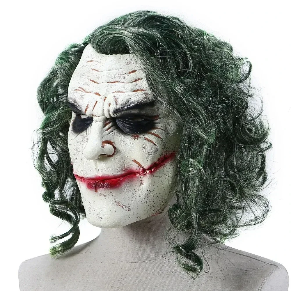 

2025 Halloween Evil Halloween Joker Latex Masker Donkere Ridder Cosplay Horror Clown Grappig Masker Groen Haar Pruik Masques