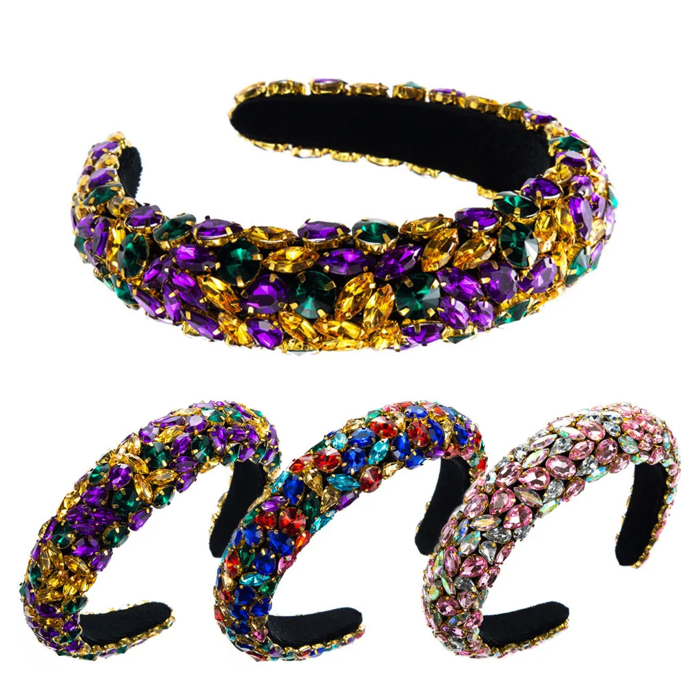 

Full Colorful Crystal Padded Headbands Baroque Rhinestones Head Hoop Hair Bands Women Vintage Headband Thick Sponge Hair Band