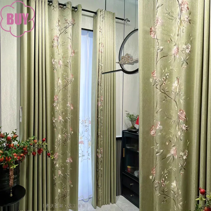 

Chinese Green Embroidered Window Screen Thickened Curtains for Living Room Bedroom Villa French Window Balcony Customization