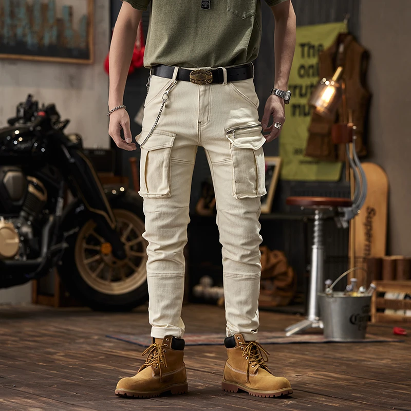 

Retro Jeans for Men's New American High Quality Trendy Slim Fit Personalized Spliced Motorcycle Feet Pants Cargo Jeans
