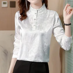 High Quality Satin Wooden Fungus Lace Neckline Magnificent Elegant Women Half High Collar Thin Blouse Flower Printing Pullover