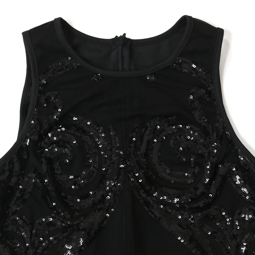 Sexy Black See Through Sequin Jumpsuit Women Sparkly Sheer Mesh Bodycon Romper Sleeveless One Pieces Night Club Outfit Overalls