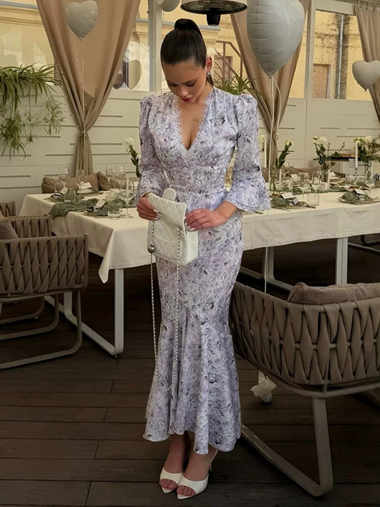 Bedrucktes Rüschen-Oberteil mit Meerjungfrauenrock-Set für Damen – Sexy Tiefer V-Ausschnitt, Halbarm, Taillenbetonende Oberteile, Lange Röcke, Schickes Damen-Outfit, Neu – Detail 14