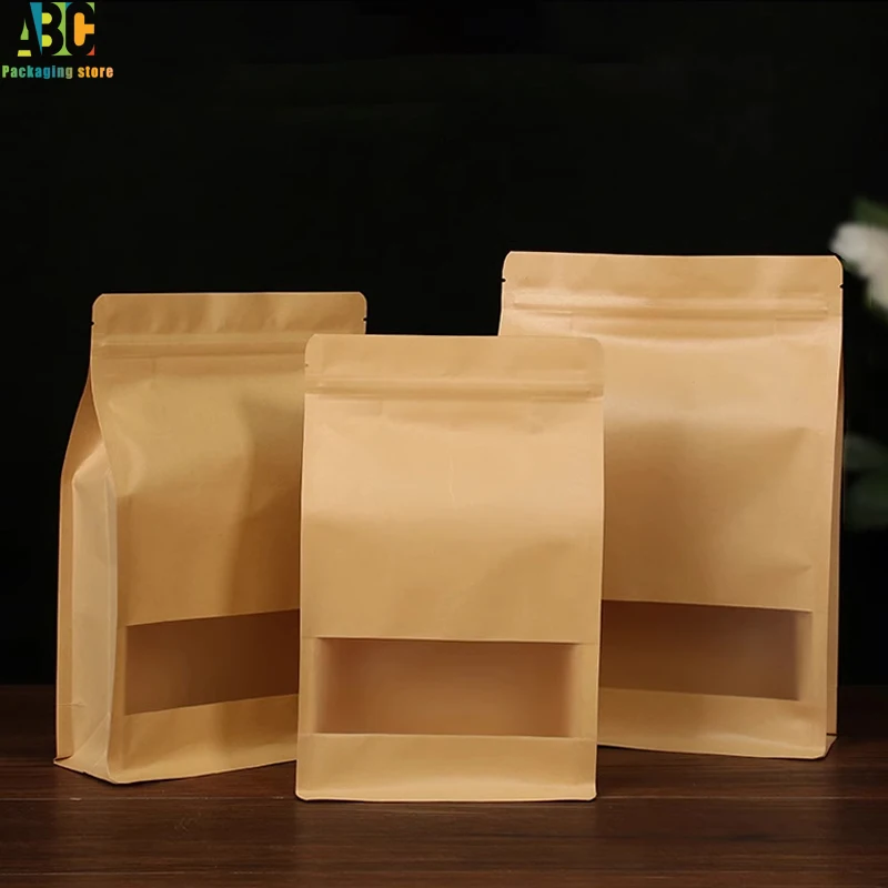 Customized Kraft Paper Bag with Window Printing Logo,Eight Sided Organ Zipper Bag,Food Chips Tea Coffee Pet Food Packaging Pouch